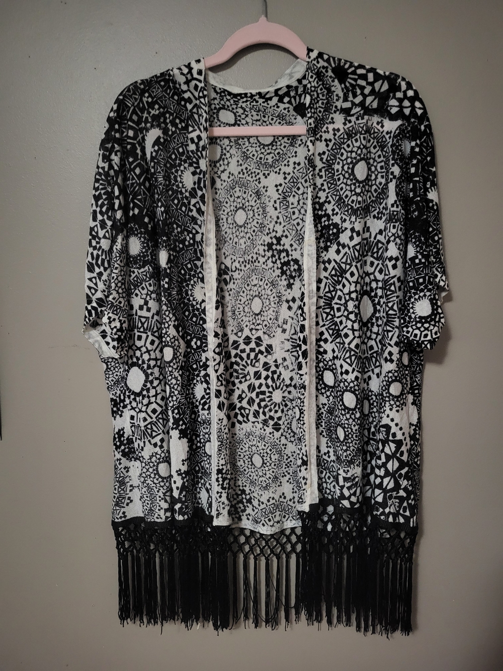 Chico's Black and White Fringe Open-Front Jacket OSFA